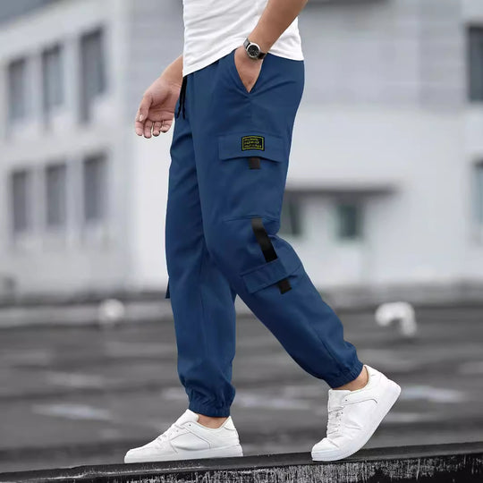Herren nan modische Cargo-Joggerhose mit elastischem Bund, Kordelzug und mehreren Sicherheits- und Klappentaschen EB