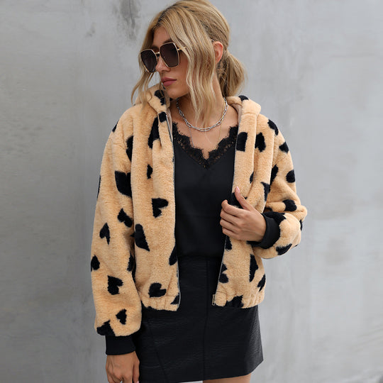 Damen Kuschelige Fleecejacke mit Herzmuster EB