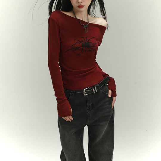Damen Langarmshirt mit asymmetrischem Ausschnitt und grafischem Druck EB