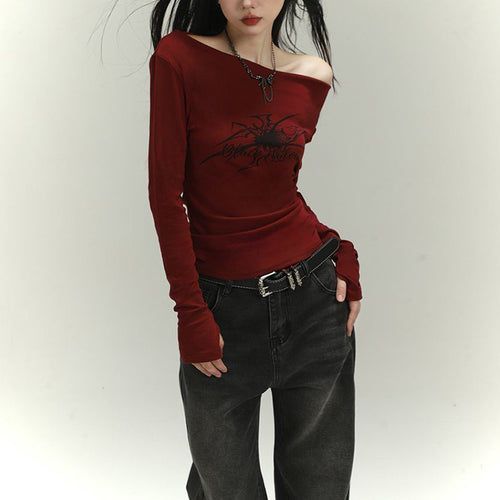 Damen Langarmshirt mit asymmetrischem Ausschnitt und grafischem Druck EB