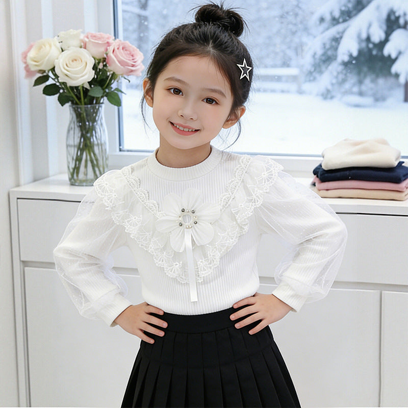 Mädchen elegante Bluse mit floralen Applikationen und transparenter Spitze EB