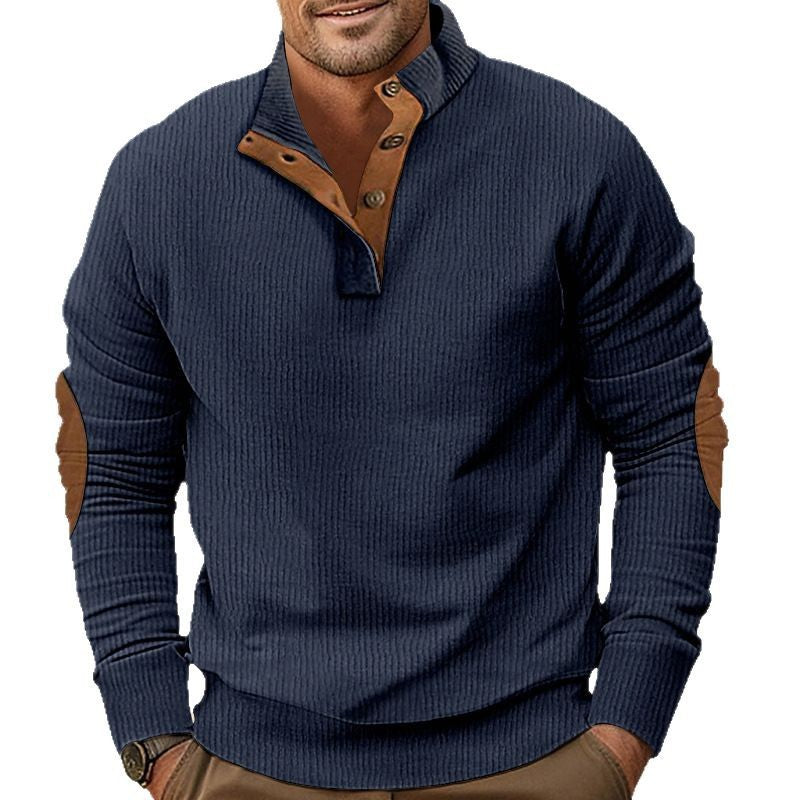 Herren nan geripptes Henley-Langarmshirt mit Stehkragen und Leder-Ellbogenpatches EB