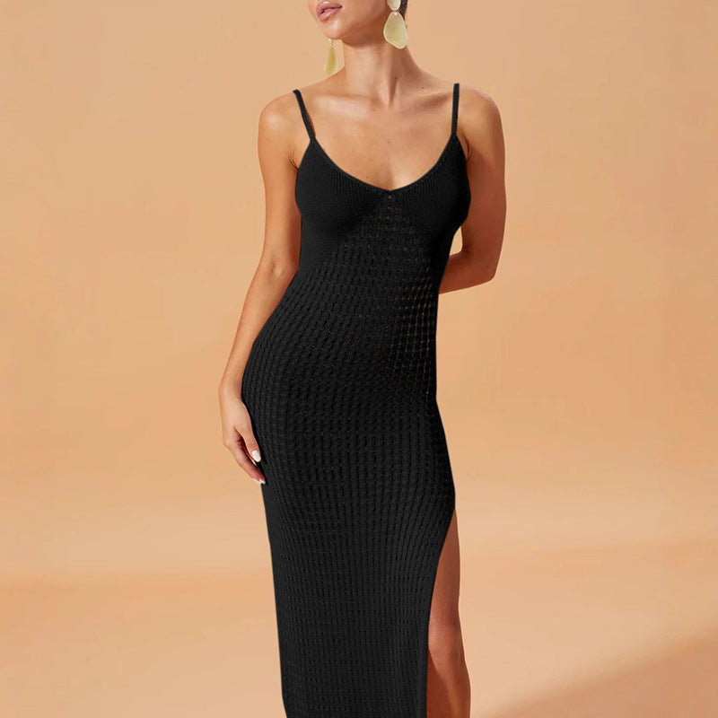 Damen Elegantes Maxikleid mit tiefem V-Ausschnitt und seitlichen Schlitzen EB