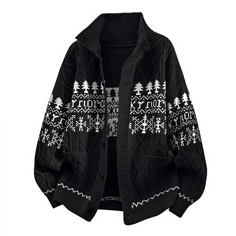Damen nan gestrickter Norweger-Cardigan mit Stehkragen, Zopfmuster und aufgesetzten Taschen EB