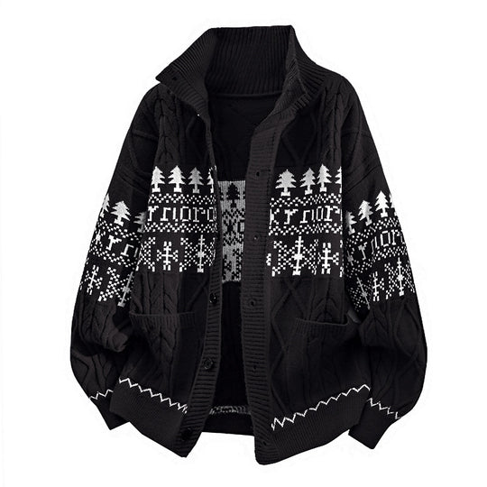 Damen nan gestrickter Norweger-Cardigan mit Stehkragen, Zopfmuster und aufgesetzten Taschen EB