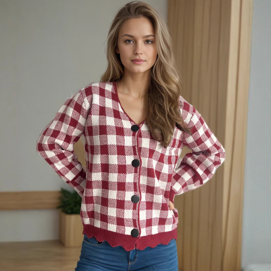 Damen lässige Strickjacke mit kräftigem Karomuster und modischen Knopfdetails EB