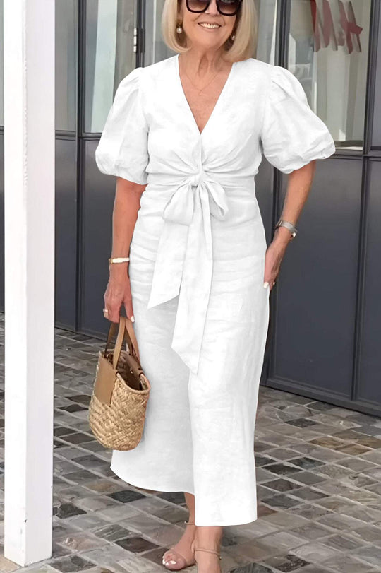 Damen Maxikleid mit eleganten Puffärmeln und Taillenknoten EB