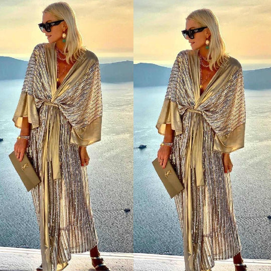 Damen Glitzerndes Maxikleid mit elegantem Wickeldesign und fließenden Ärmeln EB