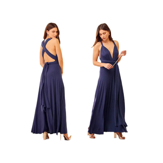 Damen elegantes Rundhals-Maxikleid mit variablen Trägeroptionen und fließendem Schnitt EB