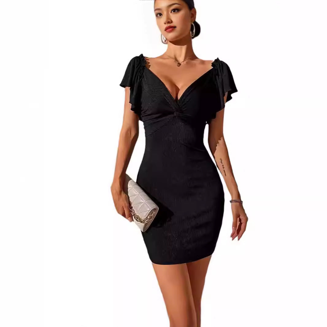Damen figurbetontes Minikleid mit schmeichelndem V-Ausschnitt und Rüschendetails EB