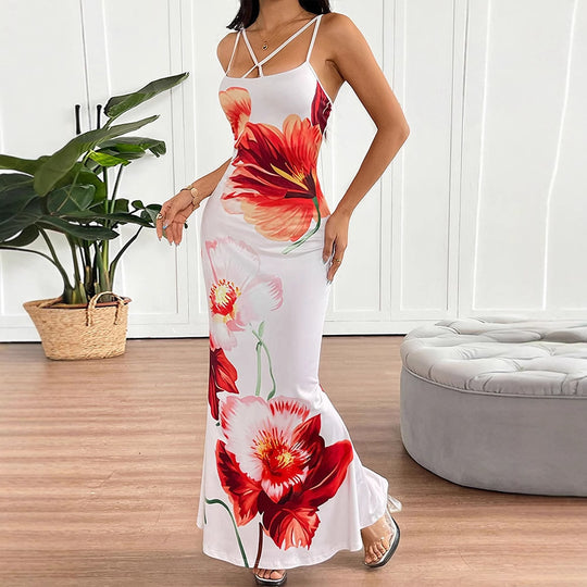 Damen Maxikleid mit elegantem Blumenmuster und zarten Spaghetti-Trägern EB
