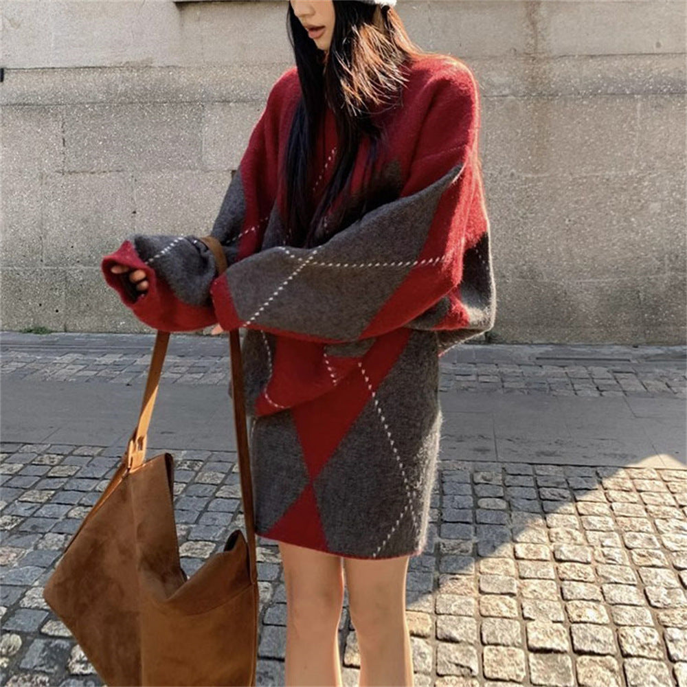 Damen Skandinavisches Strickensemble mit V-Ausschnitt und Rautenmuster EB