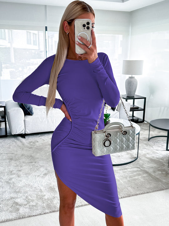 Damen figurbetontes Langarmkleid mit asymmetrischem Schnitt und Raffungen EB