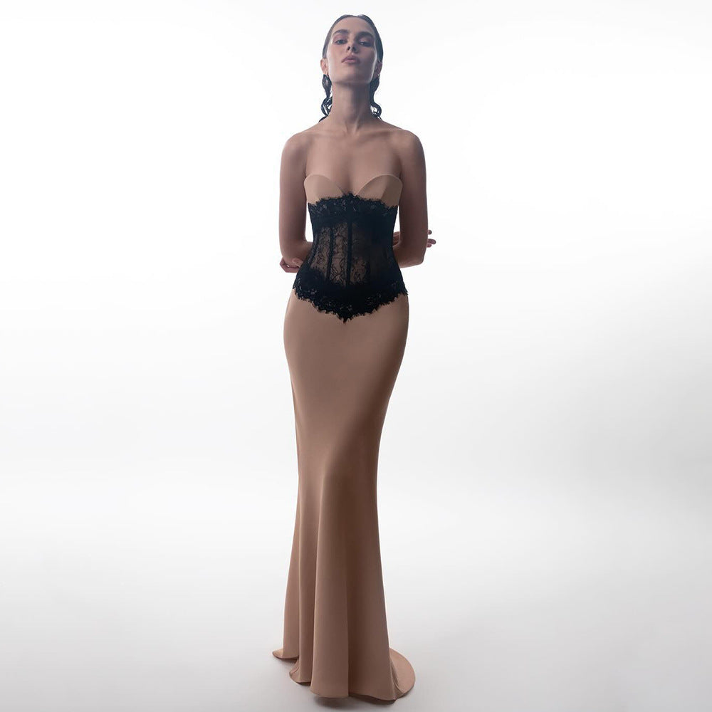 Damen Abendkleid mit elegantem Bustier und floralem Spitzenoberteil EB