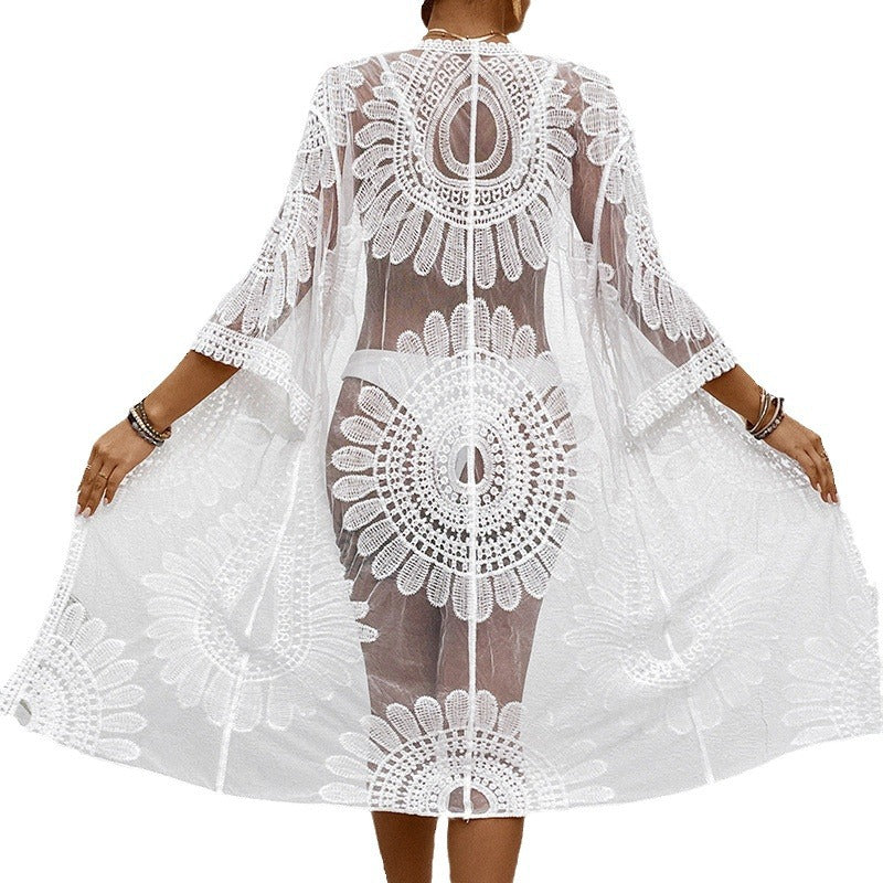 Damen transparente Häkel-Strandüberwurfjacke mit eleganten Motiven EB