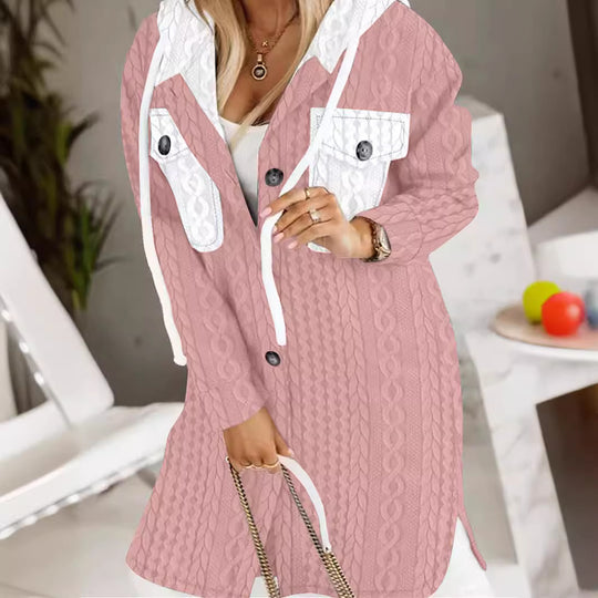 Damen Longline-Strickmantel mit Kapuze, Zierknöpfen und Kontrasttaschen EB
