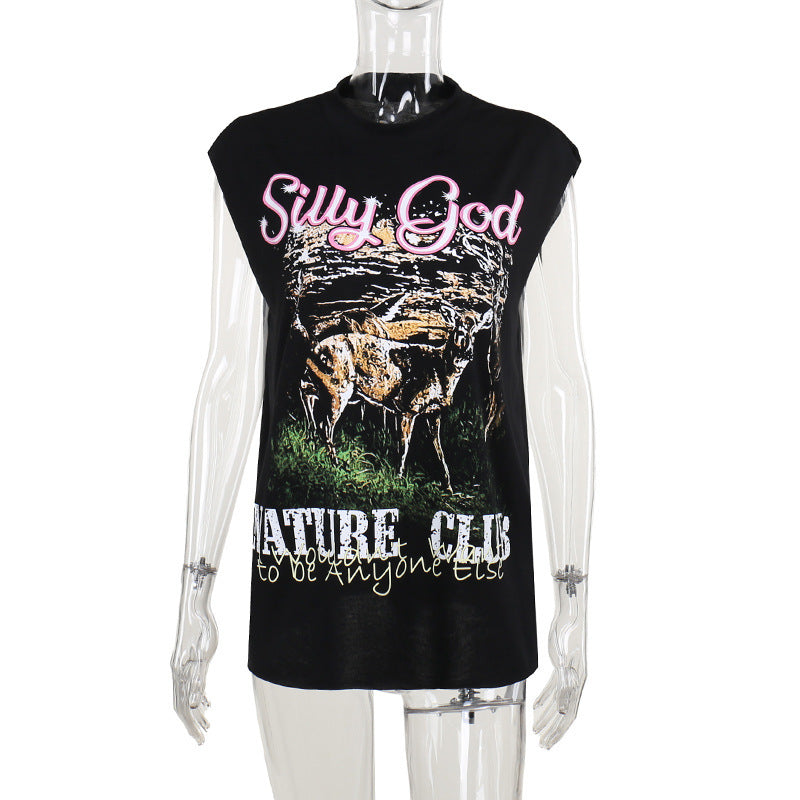 Damen ärmelloses Grafik-T-Shirt mit kreativer Tierillustration EB