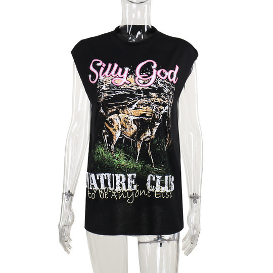 Damen ärmelloses Grafik-T-Shirt mit kreativer Tierillustration EB