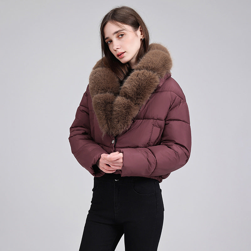 Damen nan cropped Isolationsjacke mit voluminösem Kunstpelz-Schalkragen und elastischem Saum EB