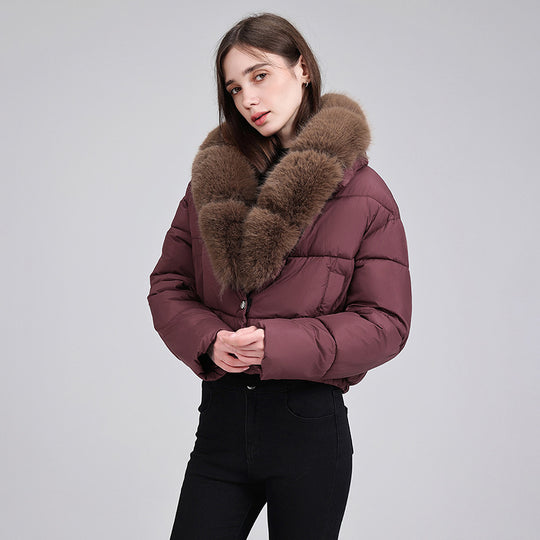 Damen nan cropped Isolationsjacke mit voluminösem Kunstpelz-Schalkragen und elastischem Saum EB