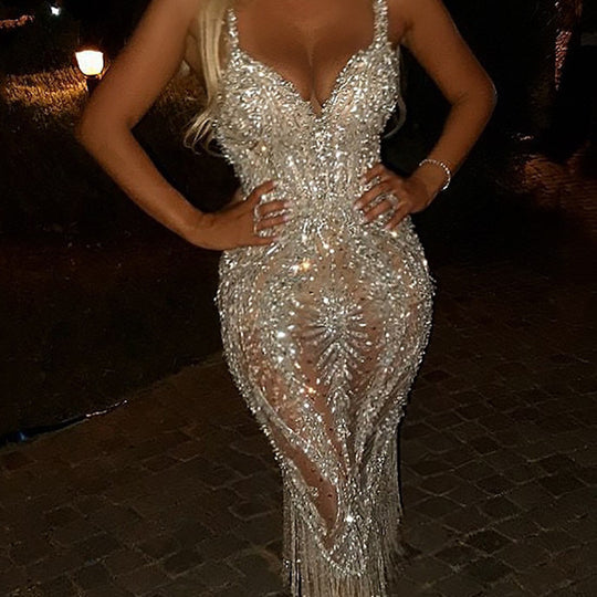 Damen glamouröses Abendkleid mit funkelnden Pailletten und fransigen Details EB