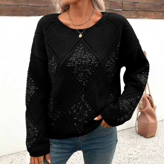 Damen Grobgestrickter Oversize-Pullover mit Ajour‑Rautenmuster und Pailletten EB