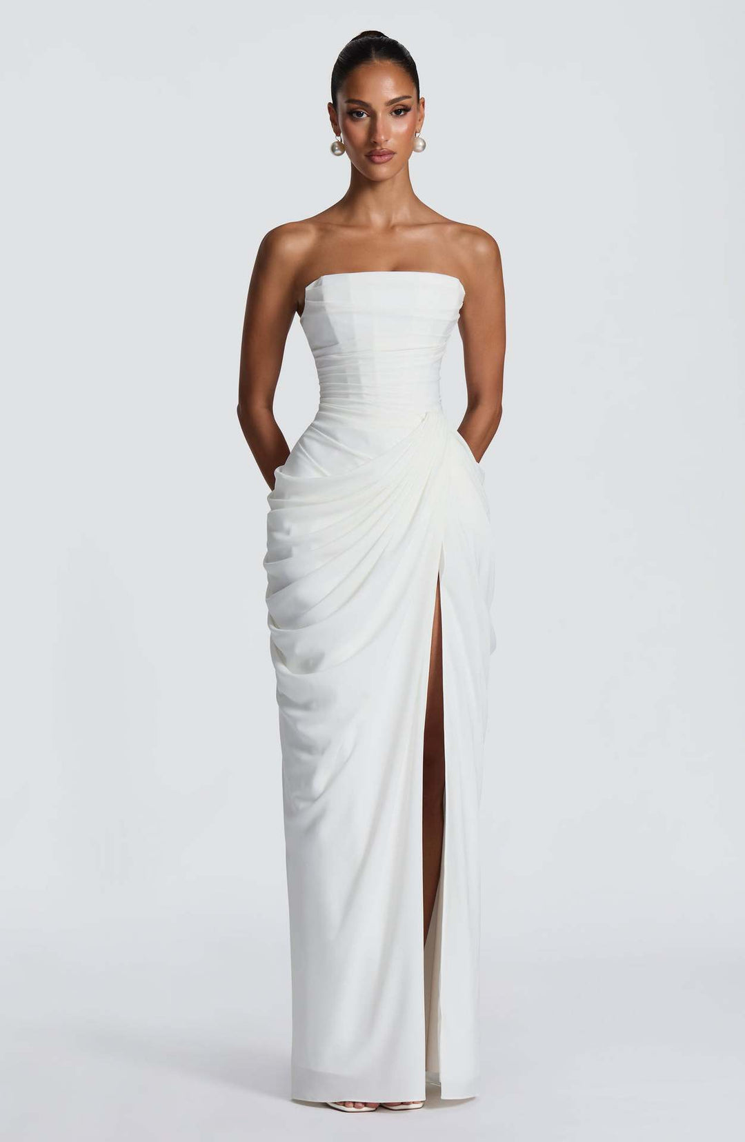 Damen Elegantes Langarm Abendkleid mit asymmetrischer Drapierung und schmalem Schlitz EB