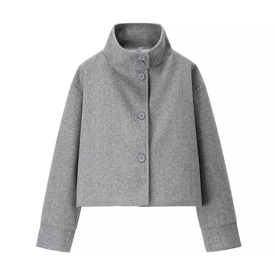 Damen nan cropped Wollmix-Jacke mit hohem Stehkragen, kastiger Passform und verdeckter Knopfleiste EB
