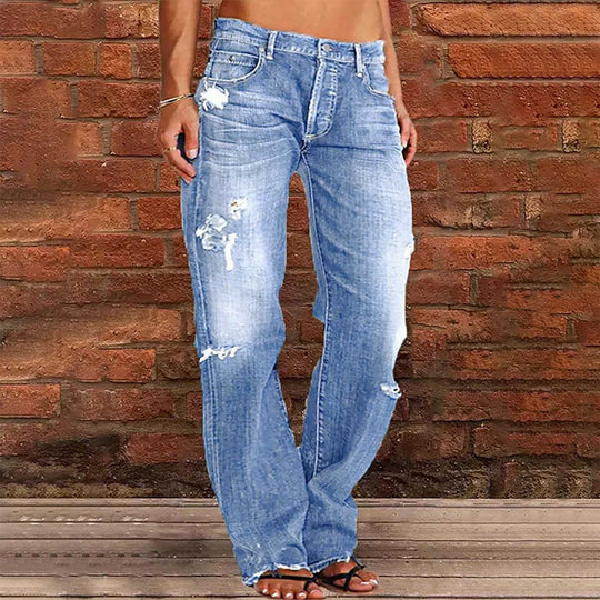 Damen nan weite zerrissene Jeans mit hoher Taille Relaxed Fit und ausgefranstem Saum EB