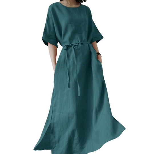 Damen Leinenmaxikleid mit weit geschnittenen Ärmeln und Taillengürtel EB