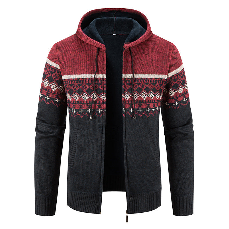Herren nan gefütterte Strick-Zipjacke im Norwegerstil mit Kapuze und Thermofleece EB