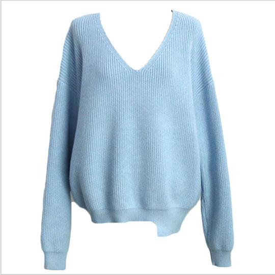Damen lässiger Strickpullover mit V-Ausschnitt und weit geschnittenen Ärmeln EB