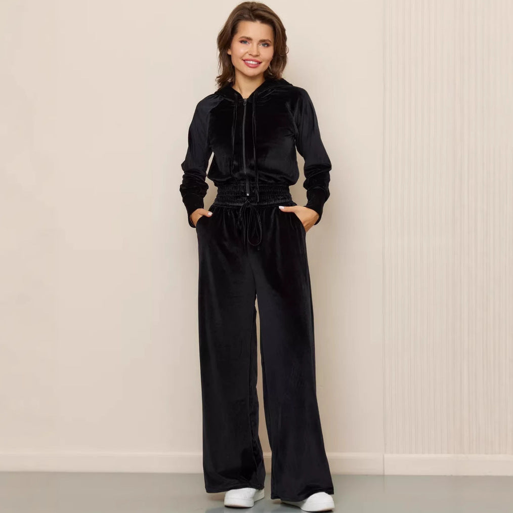 Damen luxuriöses Velours-Lounge-Set mit kurzem Reißverschluss-Hoodie und weitem Comfort-Hose EB