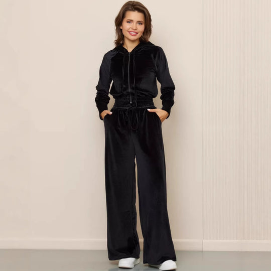 Damen luxuriöses Velours-Lounge-Set mit kurzem Reißverschluss-Hoodie und weitem Comfort-Hose EB