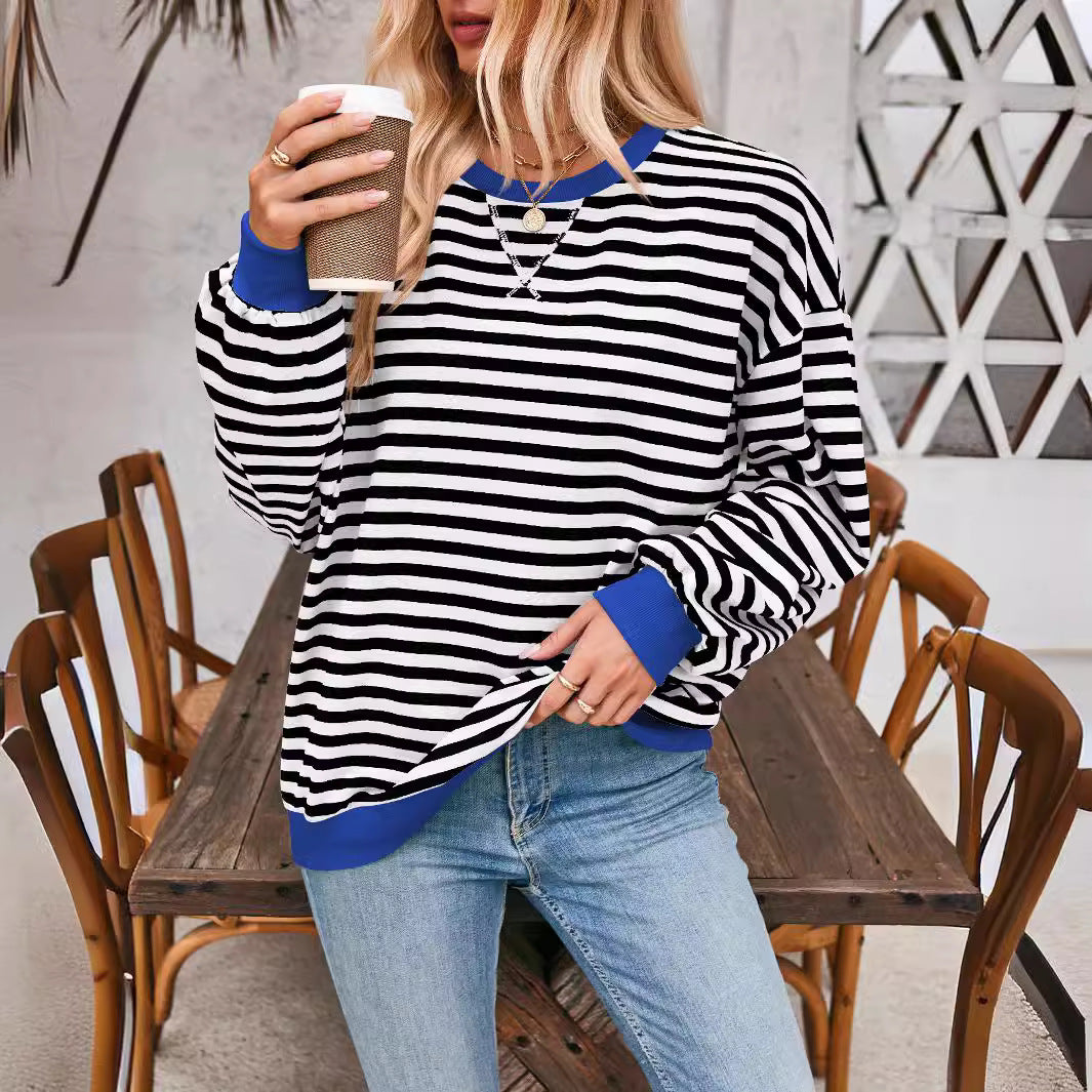 Damen lässiger Oversized Sweatshirt mit bunten Streifen und Kapuzenkordel EB