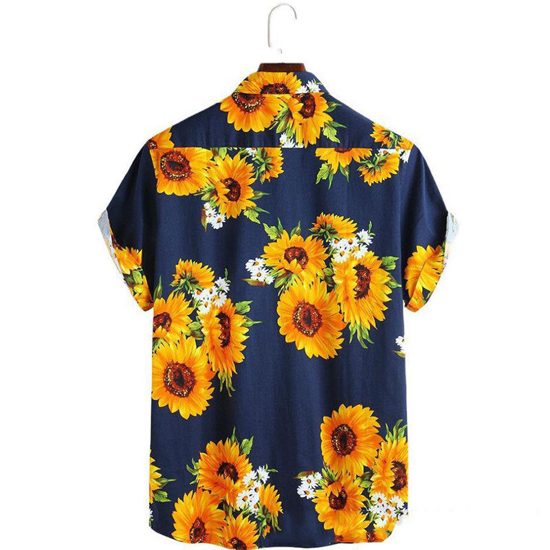 Herren Kurzarmhemd mit farbenfrohem Sonnenblumenmuster und leichtem Baumwollstoff EB