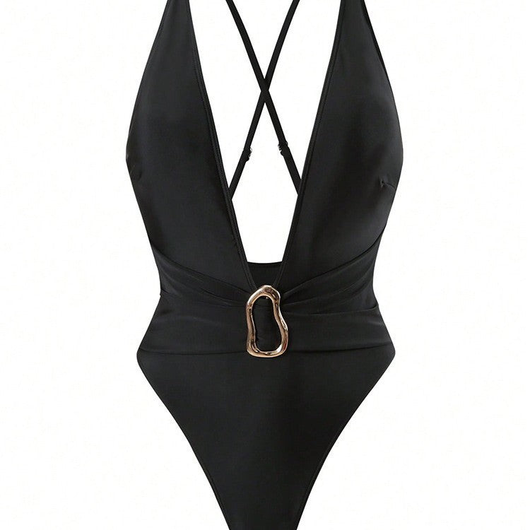 Damen Einteiler Badeanzug mit tiefem V-Ausschnitt und elegantem Schmuckelement EB
