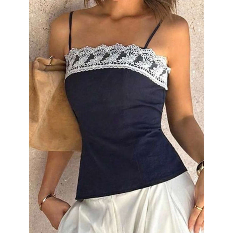 Damen Spaghetti-Träger Top mit elegantem Spitzenrand EB