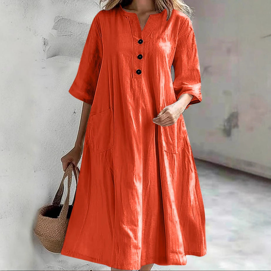 Damen nan locker fallendes A-Linien Kleid mit V-Ausschnitt-Knopfleiste, 3/4-Ärmeln und aufgesetzten Eingrifftaschen EB