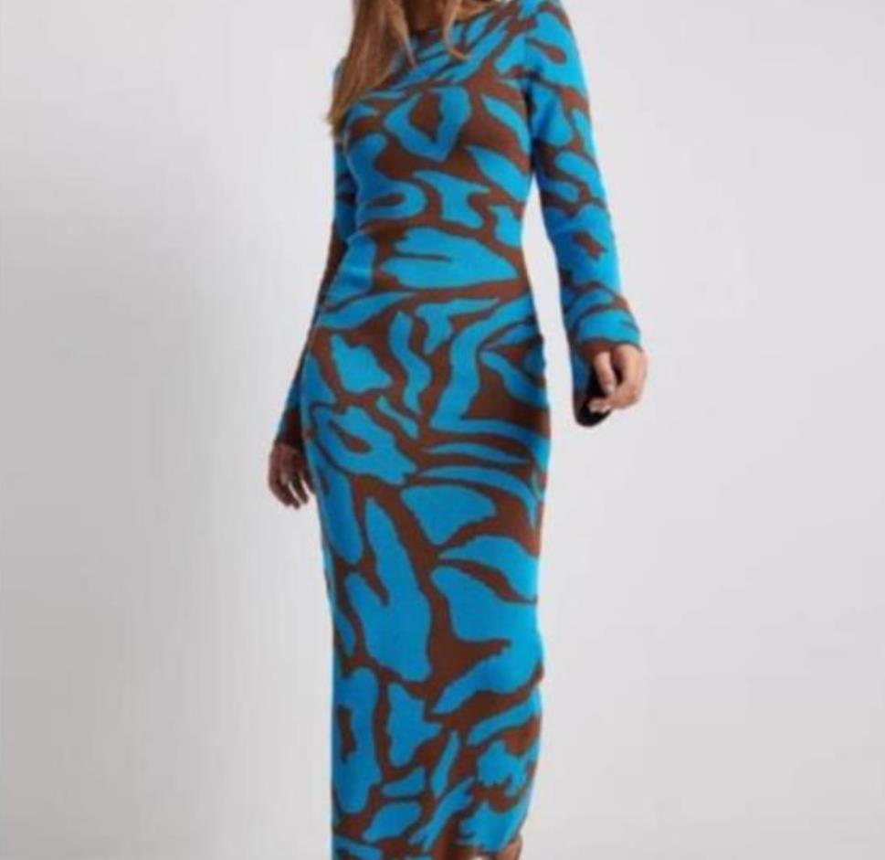 Damen Elegantes Maxi-Kleid mit spannendem Muster und langem Arm EB