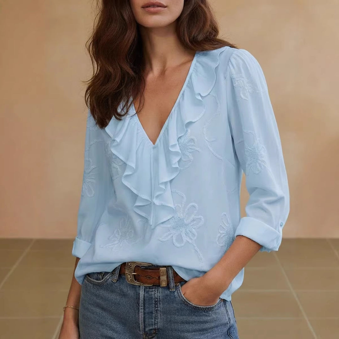 Damen elegante Bluse mit Volant und floralem Stickmuster EB