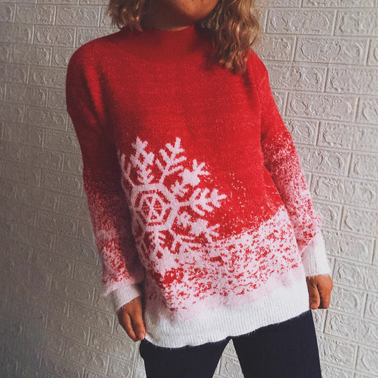 Damen festlicher Strickpullover mit winterlichem Schneeflockenmotiv EB