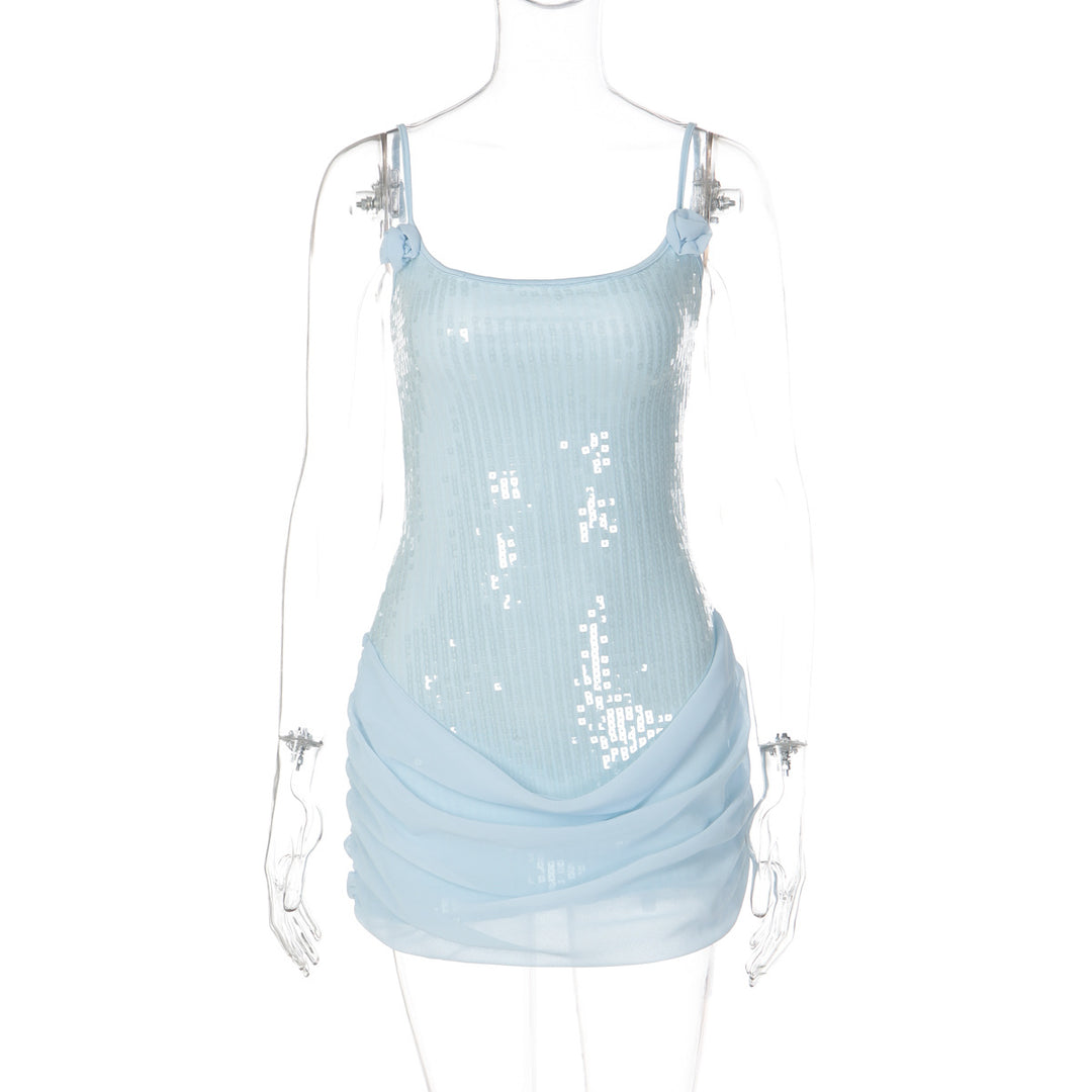 Damen Elegantes Minikleid mit Pailletten und Raffungen EB