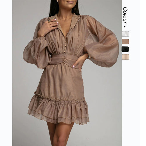 Damen Minikleid mit voluminösen Ärmeln und raffiniertem Rüschendesign EB
