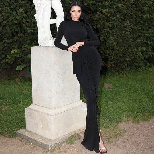 Damen Elegantes langärmliges Wickelkleid mit Rüschendetails und seitlichem Schlitz EB