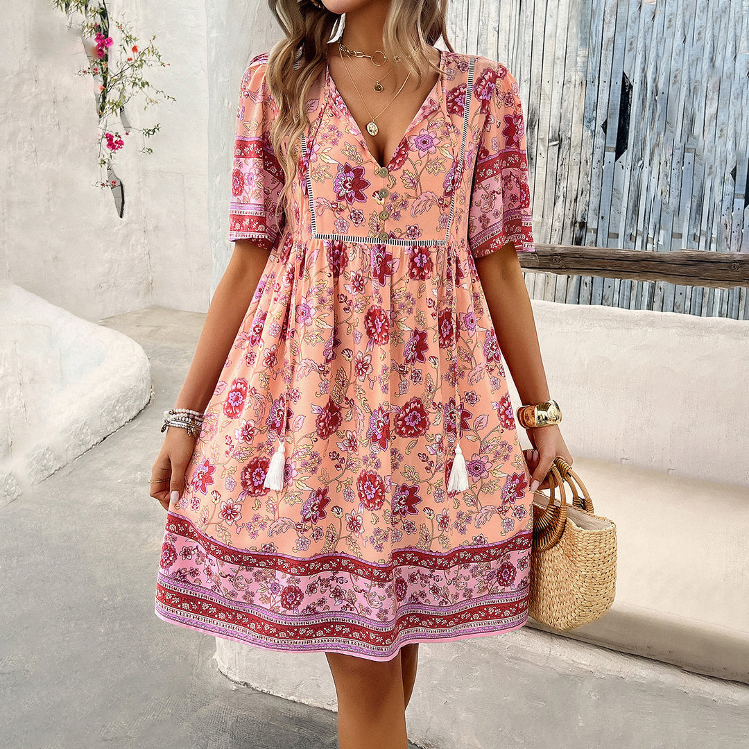 Damen Retro-Chic Kleid mit Blumenmuster und fließendem Rock EB