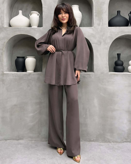 Damen elegantes Set mit langer Bluse und weitem Hosen EB