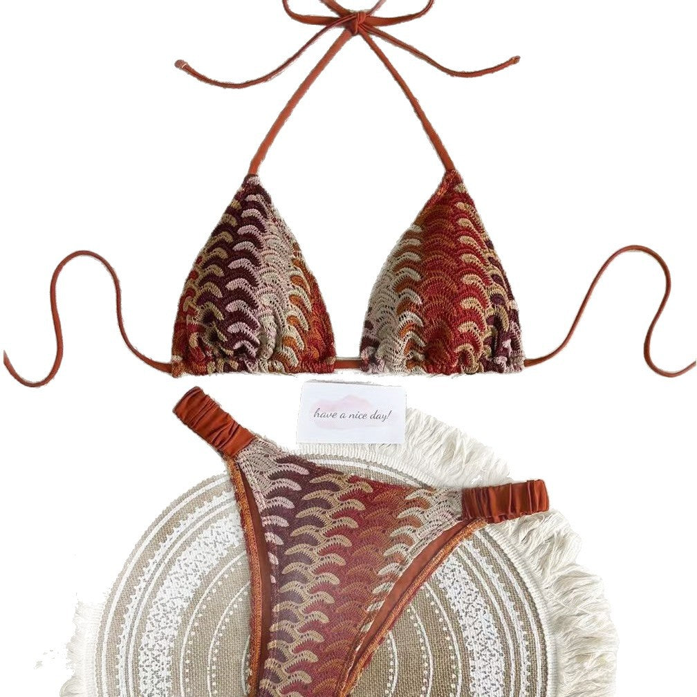 Damen Triangel-Bikini mit buntem Häkelmuster EB