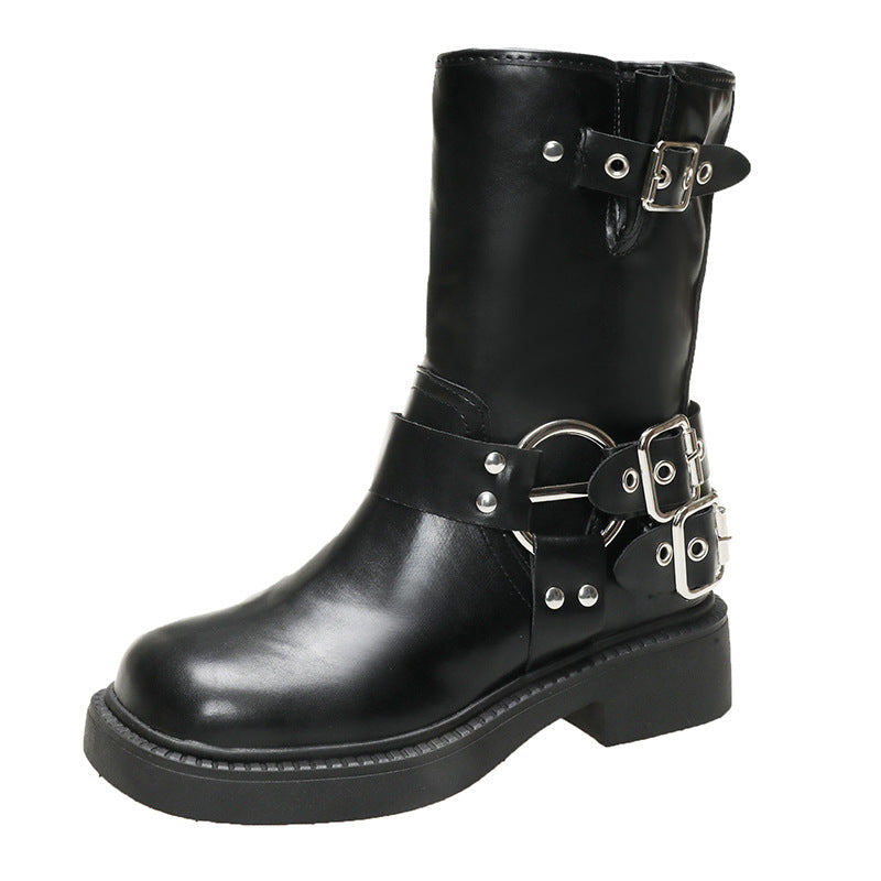 Damen Stiefel mit modischen Schnallen und rutschfester Sohle EB
