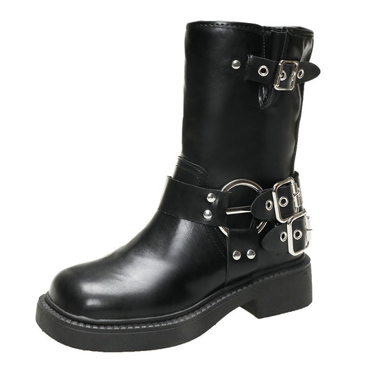Damen Stiefel mit modischen Schnallen und rutschfester Sohle EB